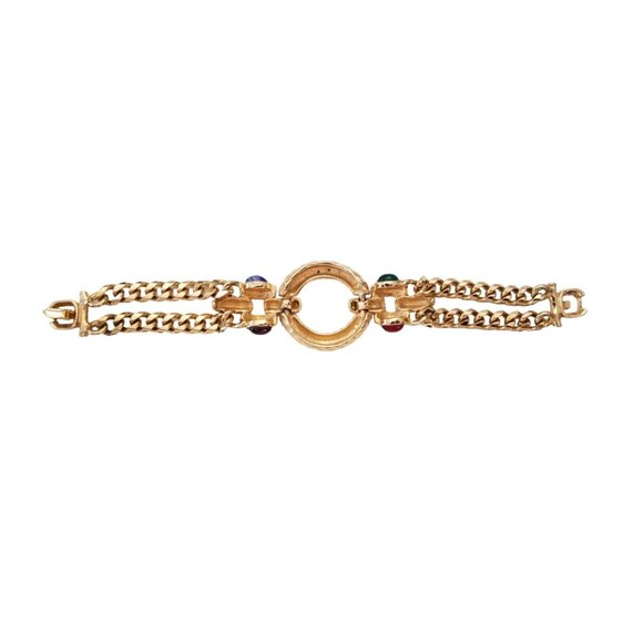 Gold Tone Clear Rhinestone Cab Dual Chain Ribbed Rope Center 8"Long Bracelet L54 - Picture 5 of 10